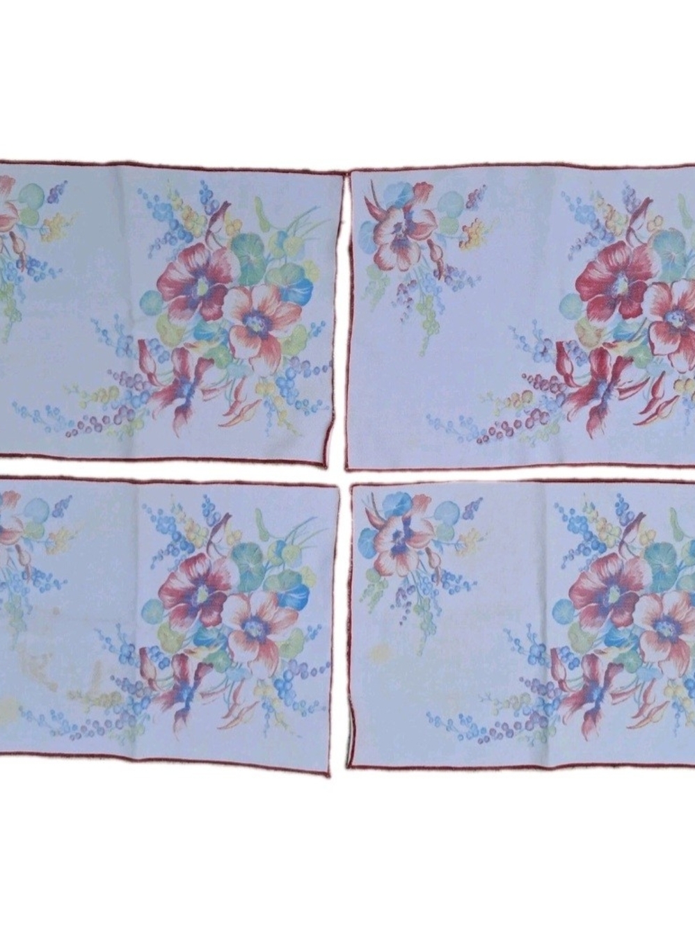 Vtg Floral Placemats Set 4 White Red Serged Edge Cotton Twill Midcentury *stain*